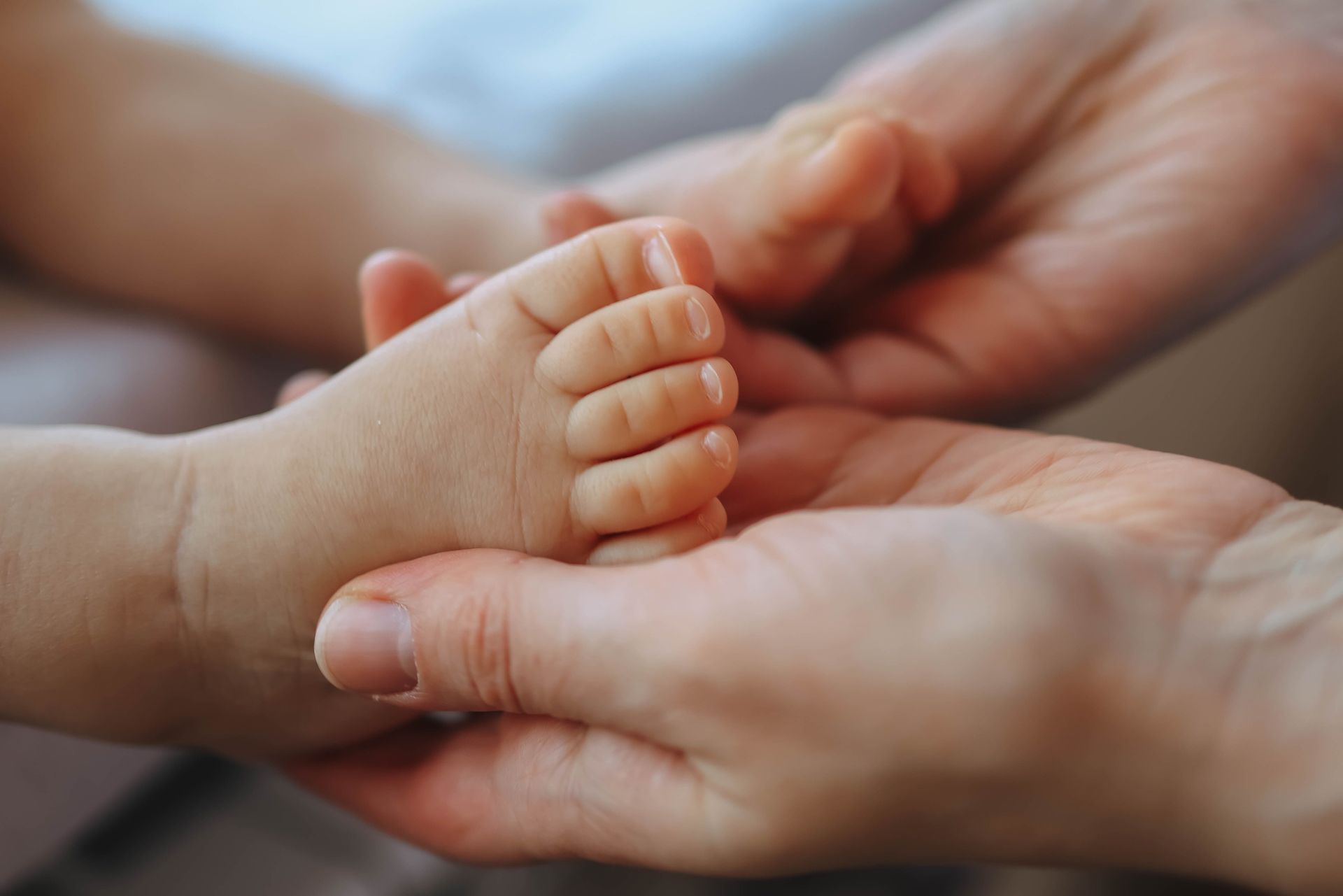 Close-up of a parent's hands gently cradling a newborn's foot, symbolizing care and tenderness.